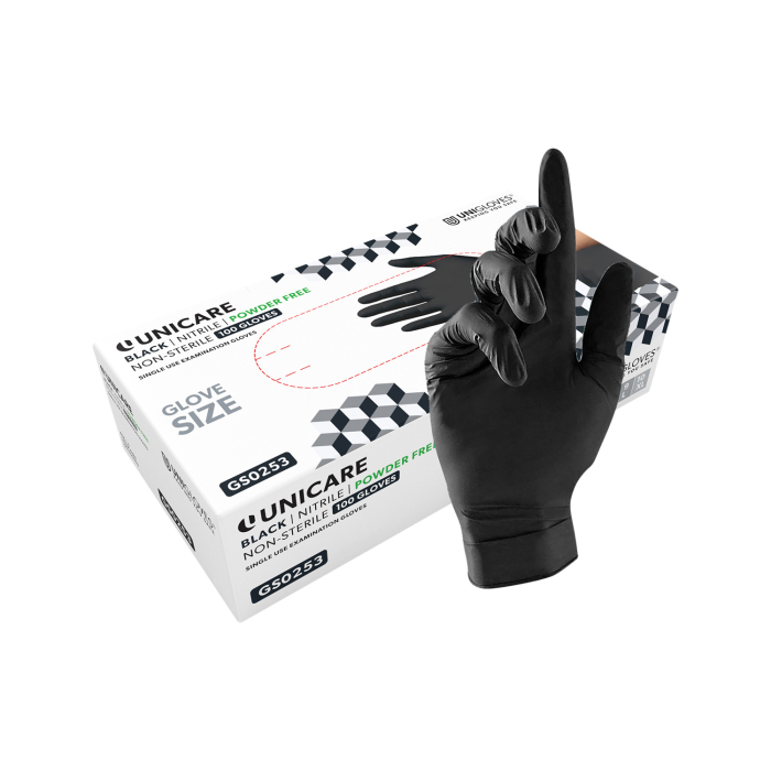 Box of 100 Black Unicare Nitrile Gloves