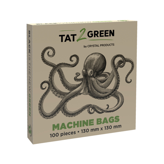 Box of 100 Tat2Green black machine bags 130mm by 130mm with octopus design