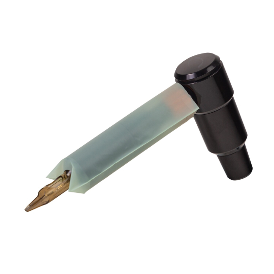 Tattoo needle covered with a translucent ECOTAT barrier grip sleeve for hygiene.