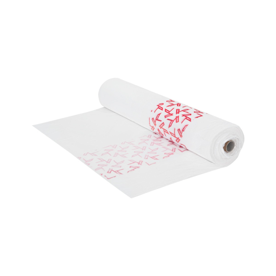 Roll of 250 white Killer Beauty Clingon chair covers with red logo pattern on white background.