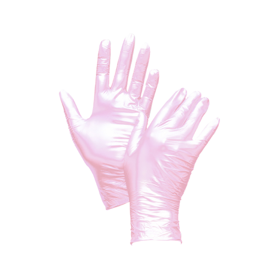 Une boîte de 100 gants jetables en nitrile rose fantaisie de Unigloves, avec une texture légèrement brillante, posée sur fond blanc.